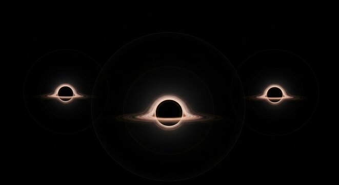 Three supermassive black holes with glowing orange accretion disks orbit in formation against a dark space backdrop in 3D animation. Suitable for astrophysics, gravity, or cosmic phenomena presentatio