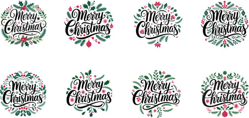 Fototapeta premium Merry Christmas text, lettering for greeting cards, banners, posters, vector illustration
