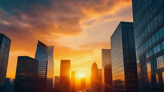 Modern skyscrapers gleam with vibrant sunset reflections, embodying urban dynamism and corporate ambition during golden hour.