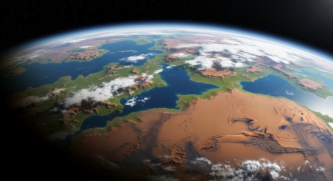 A terraformed Mars rotates from night to dawn, showcasing glowing megacity lights across continents and swirling clouds under rising sunlight in 3D animation. Ideal as a looping background for space c