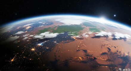A terraformed Mars rotates from night to dawn, showcasing glowing megacity lights across continents and swirling clouds under rising sunlight in 3D animation. Ideal as a looping background for space c