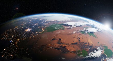 Obraz premium A terraformed Mars rotates from night to dawn, showcasing glowing megacity lights across continents and swirling clouds under rising sunlight in 3D animation. Ideal as a looping background for space c