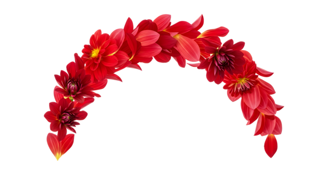 A beautiful decorative arch composed of vibrant red dahlia flowers and petals, creating a graceful curve isolated on a pure white background