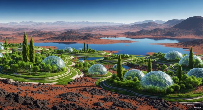 Dome-covered megacities and green settlements surround artificial lakes on a reddish Martian landscape under a sky with Phobos and Deimos in 3D render. Perfect for sci-fi terraforming or Mars coloniza