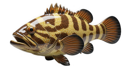 Brown grouper fish with stripes isolated on transparent background, closeup view