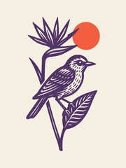  Bird on tropical branch, bold engraving vector illustration