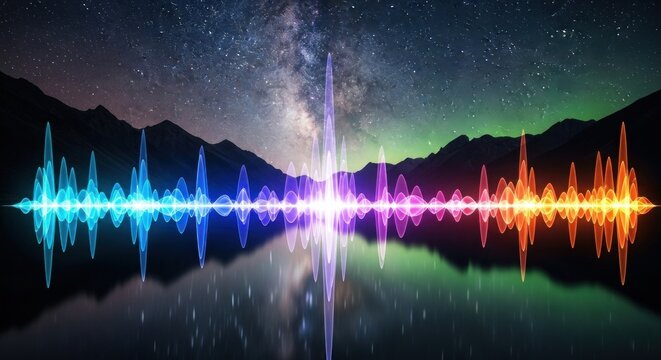 A colorful sound wave against a starry night sky with mountains and a lake.