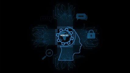 MOBILE APPS DEVELOPMENT, New business technology concept. Artificial intelligence concept with a human head silhouette, gears, and a network of business and technology icons. 4k video - Powered by Adobe