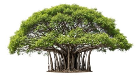 Isolated banyan tree with aerial roots and green leaves on a transparent background for design elements