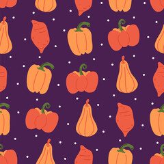 cute hand drawn orange vegetables vibrant seamless vector pattern illustration on purple background