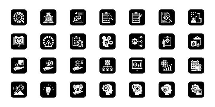 Evaluation and review   Cohesive set of minimalist vector icons representing key ideas with visual clarity