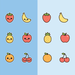 Cute kawaii fruit collection, strawberry, banana, apple, orange, pineapple and cherry, vector illustration