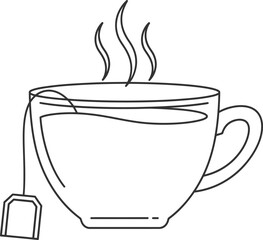 Steaming hot tea cup with teabag line art vector illustration drink