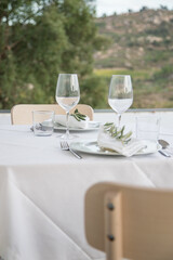 Table set for two outside, decorated with olive branches, white linens, and glassware. Surrounded by vineyards and mountains in rural Alijo, Portugal. Calm atmosphere, nature, rural tourism.
