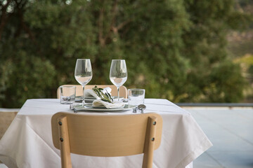 Table set for two outside, decorated with olive branches, white linens, and glassware. Surrounded by vineyards and mountains in rural Alijo, Portugal. Calm atmosphere, nature, rural tourism.
