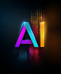 stylized ai letters in vibrant pink, cyan, blue, and yellow-orange with vertical data lines on dark background in futuristic digital composition