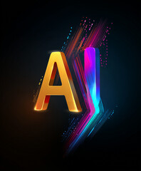 stylized ai letters with multicolored light streaks and digital effects on dark background in futuristic tech composition