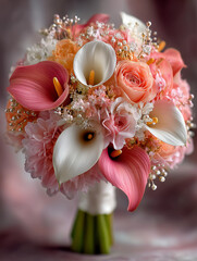elegant bouquet of white and pink calla lilies with peach roses and baby's breath wrapped in ribbon against soft pink-purple background