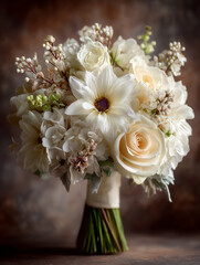 elegant bouquet of white and cream roses and dahlias wrapped in ribbon with warm blurred background in formal close-up composition