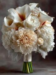 elegant bouquet of white calla lilies, creamy dahlias, and peonies wrapped in ribbon with softly blurred background