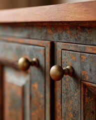 close up of patina and brass handles on antique cabinet, rich textures, warm light, cinematic composition