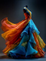 vibrant couture gown with cascading sheer layers in orange, red, yellow, and blue on mannequin in expressive fashion composition