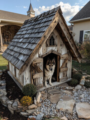 large husky sitting inside rustic wooden doghouse with barn-style doors and shingled roof in landscaped yard with residential backdrop