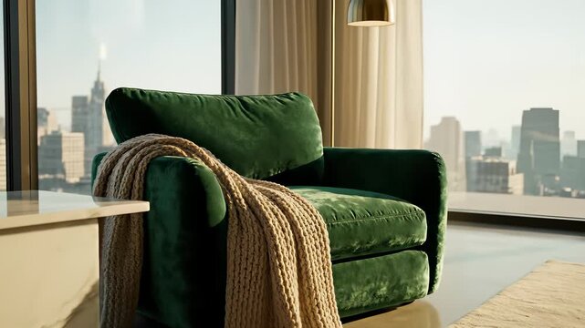 A green chair sits cozily in a modern living room setting, adorned with a plush blanket that adds warmth to the space, beautifully capturing the essence of home and relaxation.