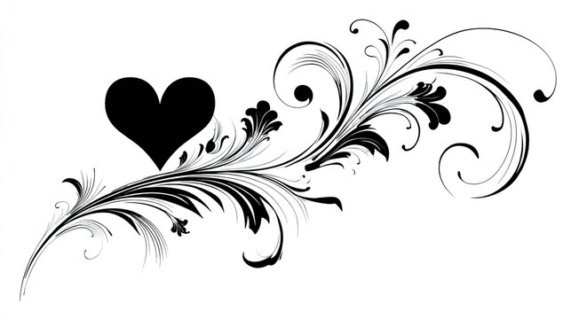 Black heart with decorative floral flourish design on white background.