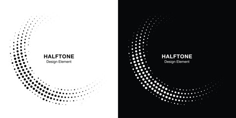 Halftone Circular Dot Pattern. Circle Frame using Halftone Dots Raster Texture. Polka Dots. Spiral logo Icon. Radial design element. Vector Illustration.