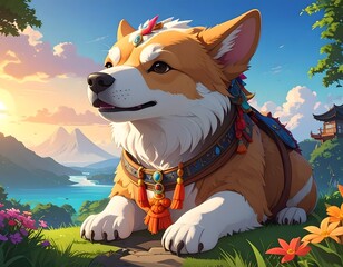 Fantasy Corgi Dog in Asian Royal Outfit &ndash; Majestic Pet Portrait in Scenic Landscape