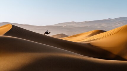Desert sand dunes, dramatic light and shadows, camel silhouette on the horizon