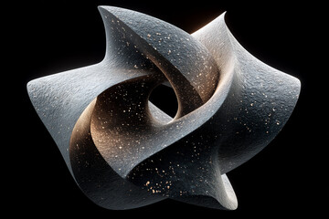 abstract 3d geometric form with metallic speckled surface and central void in symmetrical twisted composition