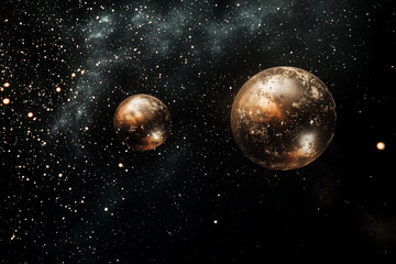 metallic planets floating in deep space with cratered surfaces and star-filled cosmic background in celestial digital composition