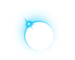 Bright blue glowing circle with star flare on white background. Abstract light effect for digital art, design, and futuristic visuals. Perfect for sci-fi, tech, or cosmic themes.