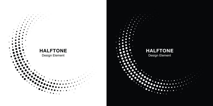 Halftone Circular Dot Pattern. Circle Frame using Halftone Dots Raster Texture. Polka Dots. Spiral logo Icon. Radial design element. Vector Illustration.