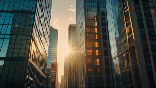 Sunlight Streaming Through Modern City Skyscrapers at Sunrise