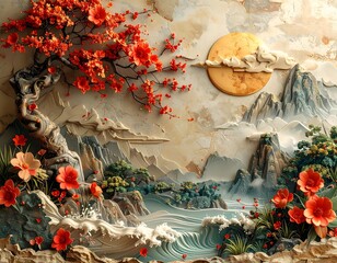 Fantasy Asian Landscape with Red Blossom Tree and Golden Sun &ndash; 3D Nature Art Illustration