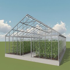 Illustration of a greenhouse with plants growing inside against a blue sky with clouds