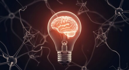 A light bulb with a glowing brain inside, surrounded by neurons on a dark background.