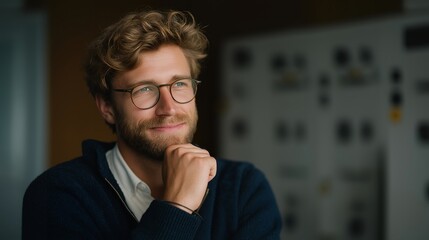 Engineer calibrating AI-powered efficiency model predicting output of waste-to-electricity plant, emotion of satisfaction visible, representing smart sustainability systems, energy analytics, and