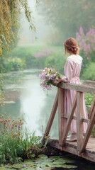 french boho cottage garden, small pond with wooden bridge, woman in pastel dress leaning on railing, holding bouquet of wildflowers, morning mist
