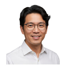 Fototapeta premium A smiling asian man with glasses and dark hair wearing a white collared shirt isolated on transparent background
