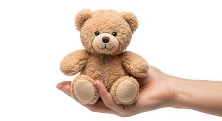 Teddy bear in the palm of a hand isolated on transparent background