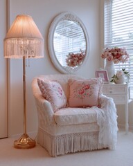 garden vintage corner scene, floor lamp with fringe lampshade, vintage armchair with embroidered pillows, oval mirror in white frame, floral accents