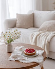 garden vintage living room detail, round wooden coffee table with strawberry tart on plate, embroidered linen napkin, soft throw blanket, daisies