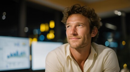 Candid photo of director gazing at illuminated screens displaying campaign analytics, subtle smile of satisfaction — symbolizing real-time marketing success, emotional response to strategic
