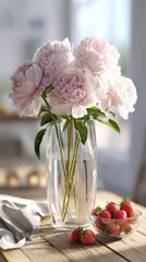 lush peony bouquet in glass vase on wooden table, bowl of fresh strawberries beside, morning sunlight