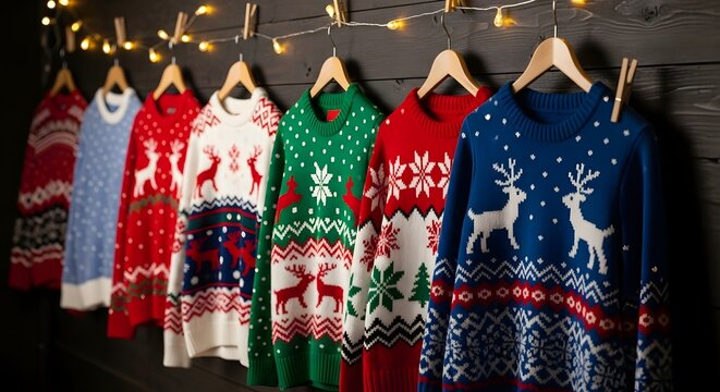 Collection of festive ugly christmas sweaters hanging on a clothesline with twinkling lights