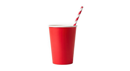 Red paper cup with a striped straw isolated on transparent background